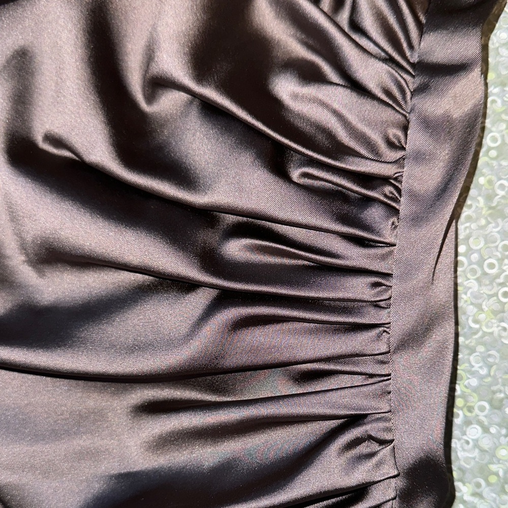 Kay Unger Satin Ruched Midi Dress in Dark Brown - Picture 5 of 5